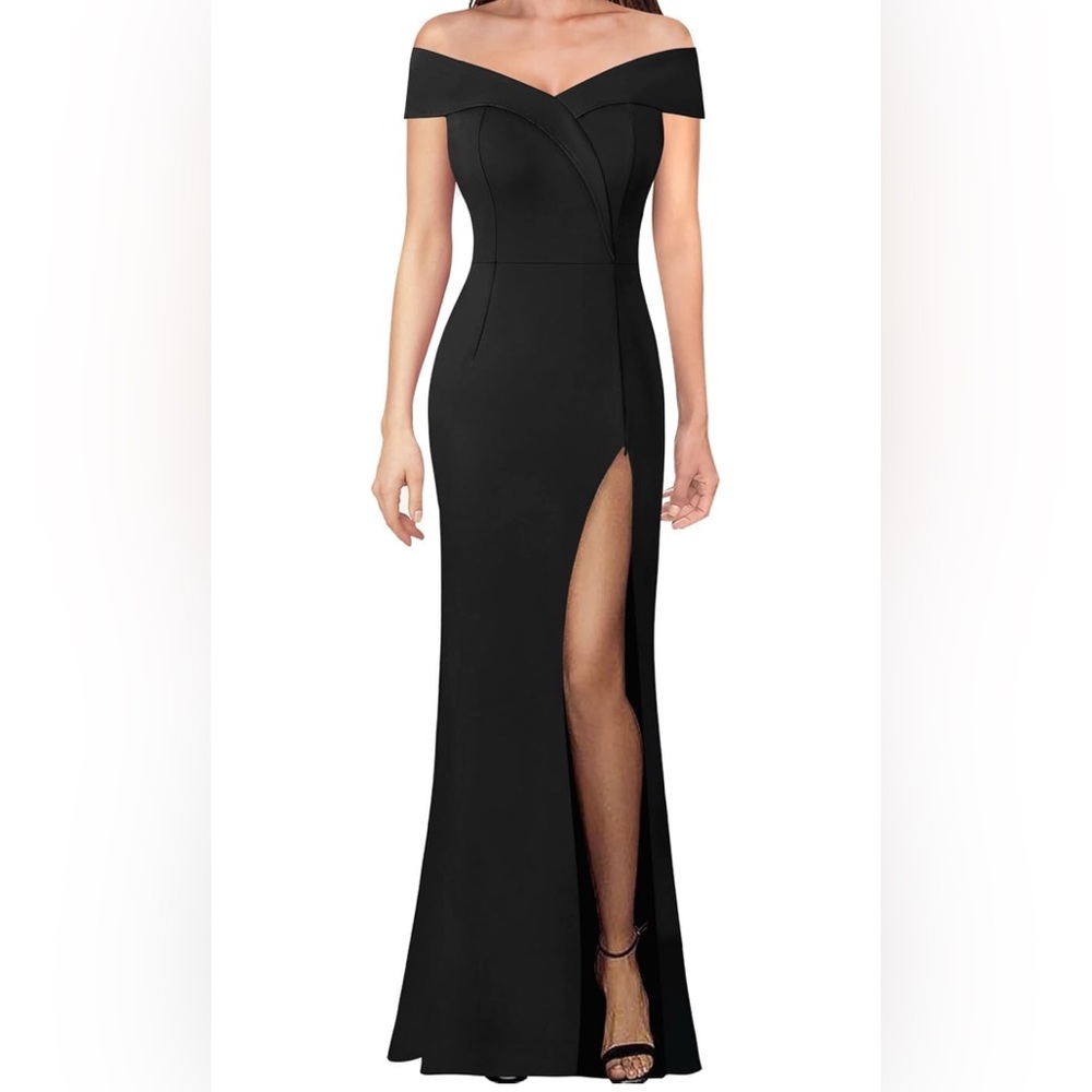 Elegant Black formal Evening Dress gown, with slit, off shoulder - worn once